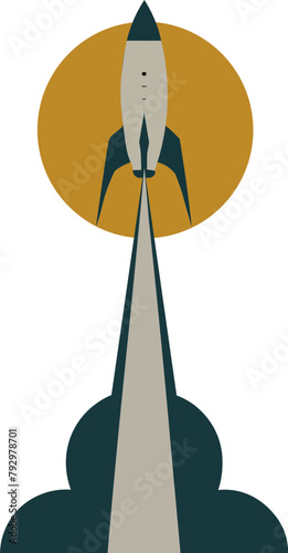 Illustration of rocket taking off with smoke trail. Image that refers to growth, evolution, increase, enrichment.