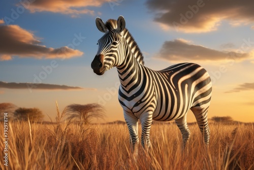 A zebra standing in a big grassy field. A zebra in a dry field of grass. Zebra at sunset background