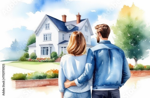 happy couple hugging outdoor, looking at newly constructed house, back view, watercolor illustration photo