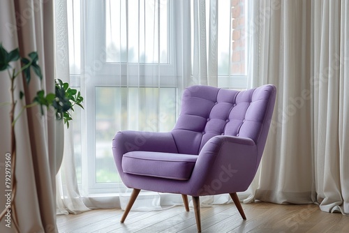 purple mid-century armchair against of window dressed with white curtain. Interior design of modern minimalist living room