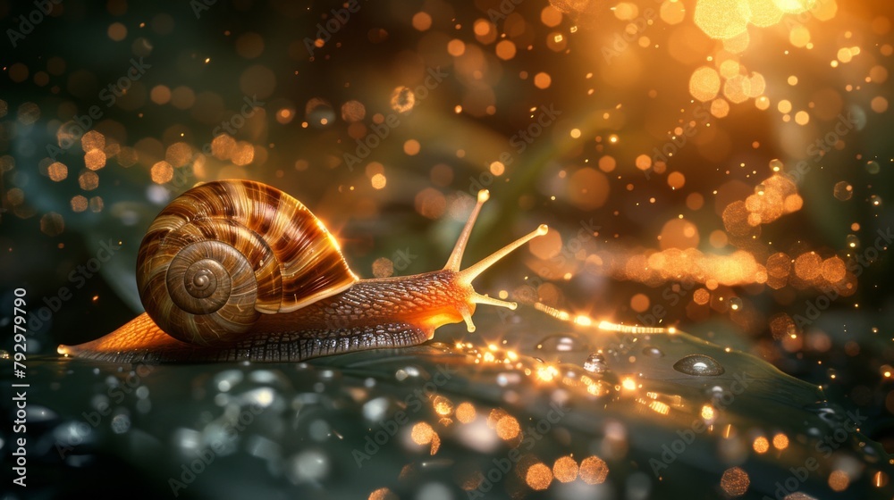 A snail slowly making its way across a leaf, leaving behind a glistening trail of mucus A snail slowly making its way across a leaf, leaving behind a glistening trail of mucus