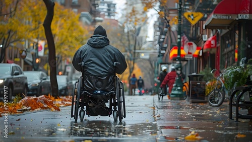 Wheelchair user seamlessly navigating city sidewalk showcasing urban inclusivity and accessibility. Concept Inclusive Urban Mobility, Wheelchair Accessibility, City Sidewalks, Inclusivity