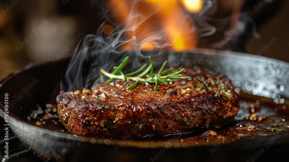A steak being seared to perfection in a sizzling hot cast iron skillet A steak being seared to perfection in a sizzling hot cast iron skillet