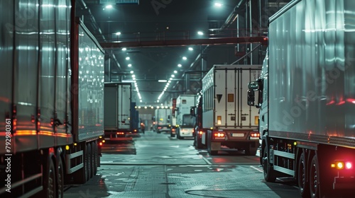 A flurry of activity at the loading dock, where workers coordinate among trucks under the stark, bright light of fluorescent, capturing a dynamic industrial ballet, close-up photo