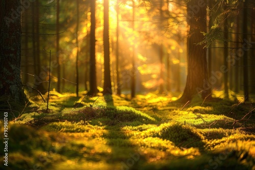 Sun-dappled forest glade with golden light illuminating mossy ground.