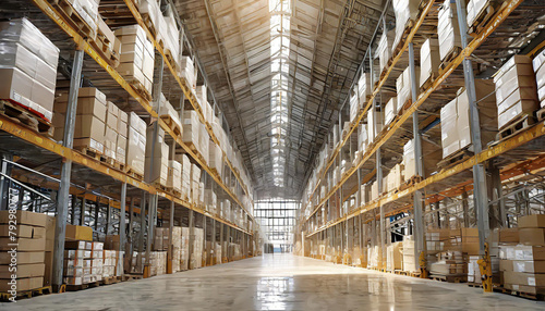 Panorama of huge distribution warehouse with high shelves with forklift at large warehouse. photo