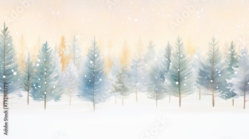 Dreamy watercolor artwork of a forest during Christmas, trees glowing with festive lights, captured in a peaceful