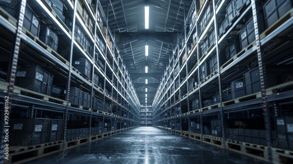 Perspective view down a corridor formed by steel pallet racks filled with heavy crates, under a ceiling fitted with bright white lights, creating a high-contrast industrial atmosphere Perspective view down a corridor formed by steel pallet racks filled with heavy crates, under a ceiling fitted with bright white lights, creating a high-contrast industrial atmosphere