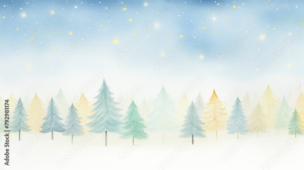 Soft watercolor landscape featuring a magical forest with twinkling lights on Christmas trees, rendered in a serene