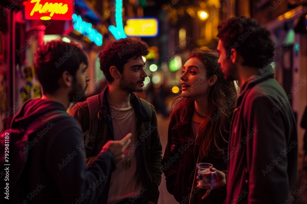 Group of friends walking and talking on the street at night in New York City