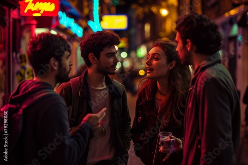 Group of friends walking and talking on the street at night in New York City