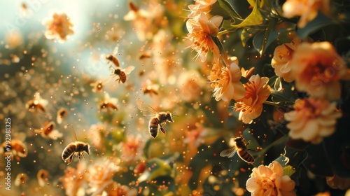 A swarm of bees buzzing around a flower-filled bush, their presence vital for pollination photo