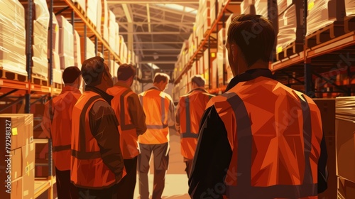 Warehouse workers in bright reflective vests diligently scanning items  set against a backdrop of warm earth tones  highlighting a scene of organized labor and safety  close-up