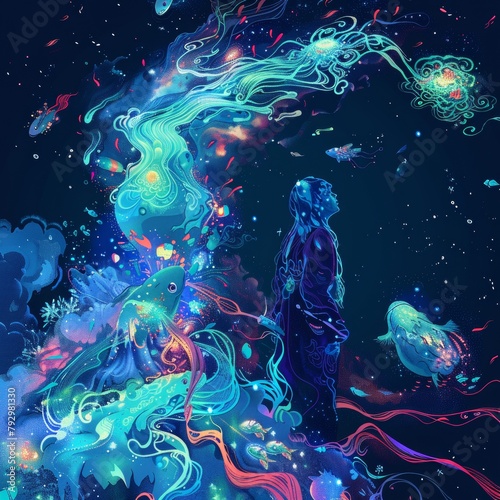 Vibrant cosmic dreamweaver illustration with ethereal aquatic motifs and celestial bodies