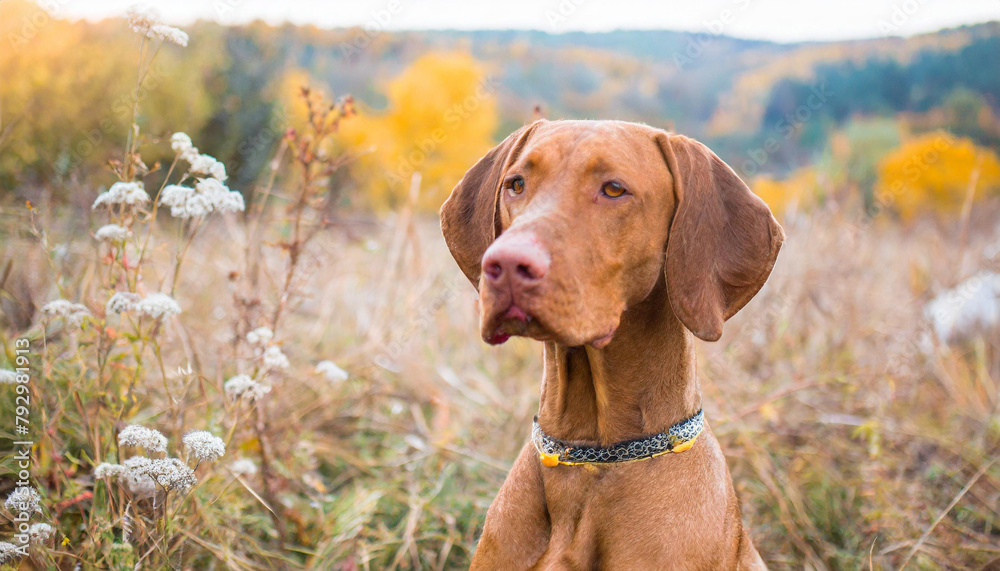 Hungarian hound pointer vizsla dog in autumn time in the field