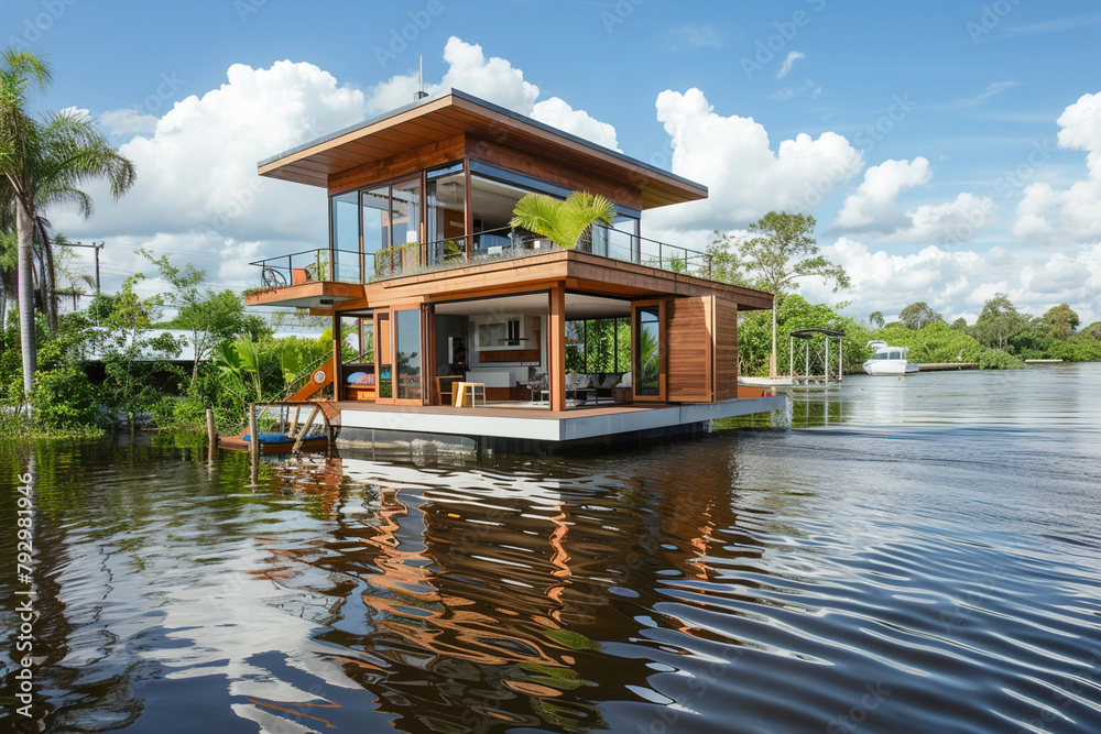Modern floating homes, designed to withstand floods, showcasing resilient living on water with stylish, flood-resistant architecture. Modern floating homes, designed to withstand floods, showcasing resilient living on water with stylish, flood-resistant architecture.