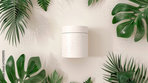 Decorative white cylinder on a tropical palm leaf background for cosmetic display. Also known as a flat lay. This is a top view of the 3D model.