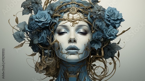 A woman's face with blue and gold flowers and vines growing out of it