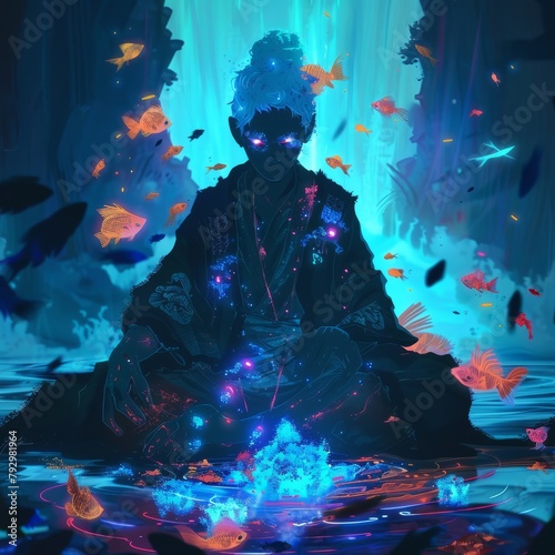 Spectral alchemist conjures magical underwater world amidst neon-hued fish photo