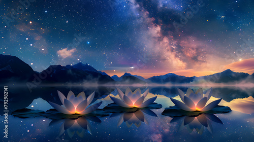 Lunar Blossoms at Midnight Vivid purple lotuses bloom under the radiant glow of a full moon amidst a starry sky, creating a surreal and tranquil nightscape.