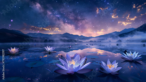Lunar Blossoms at Midnight Vivid purple lotuses bloom under the radiant glow of a full moon amidst a starry sky, creating a surreal and tranquil nightscape.