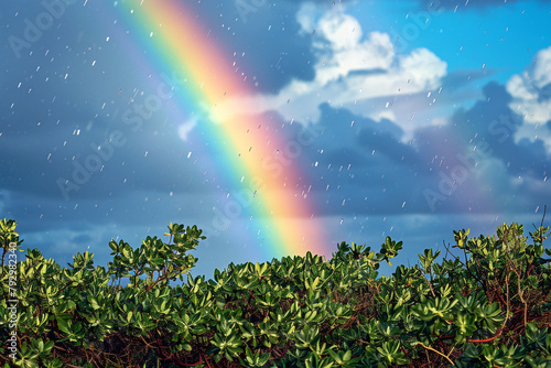 A colorful rainbow arching over the bush after a passing storm.