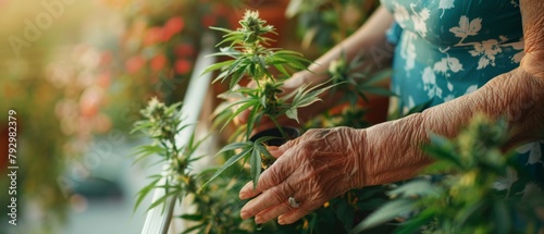 Drug legalization background - Closeup of old woman's hands tending a marijuana cannabis plant on the balcony photo