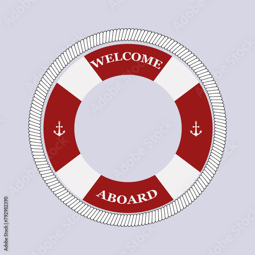 Lifebuoy with ropes, vector illustration, isolated background, cartoon style. Welcome aboard. Marine, nautical theme, equipment for safety on the water, in the sea, ocean.