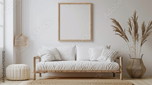 White theme livning room wiith white frame poster, interior design