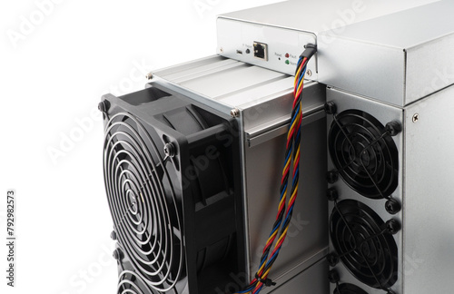 Cryptocurrency mining farm for bitcoin and altcoins isolated on white background. Cryptocurrency miner isolated