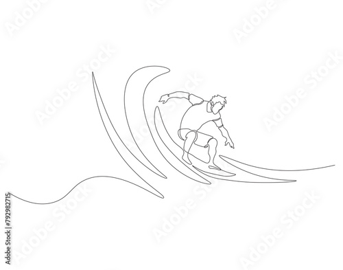 Continuous line drawing of surfer surfing on wave. One line of surfer surfing. Extreme watersport concept continuous line art. Editable outline.

  