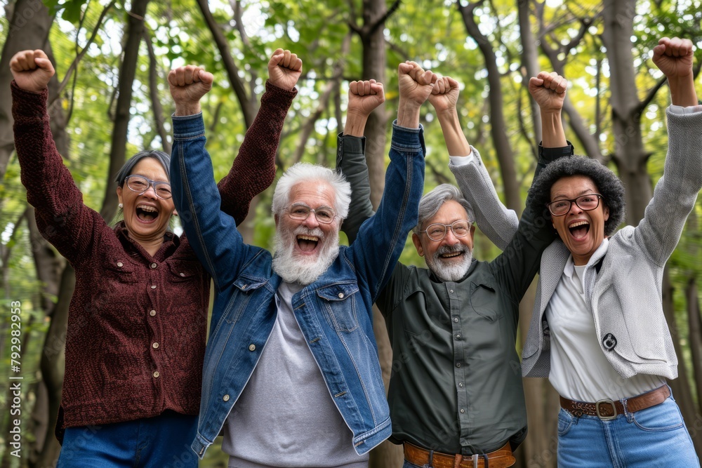 Group of senior friends having fun together in the park. They are raising their hands up and smiling.