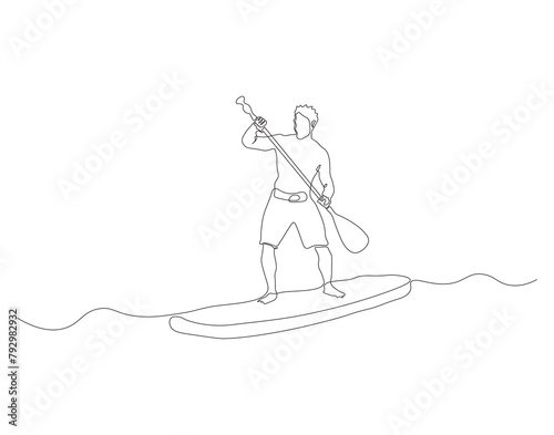 Photography Continuous line drawing of surfer surfing on wave