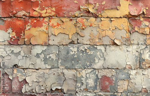 A background of distressed and peeling paint on an old brick wall, creating a vintage texture for design projects. Created with Ai