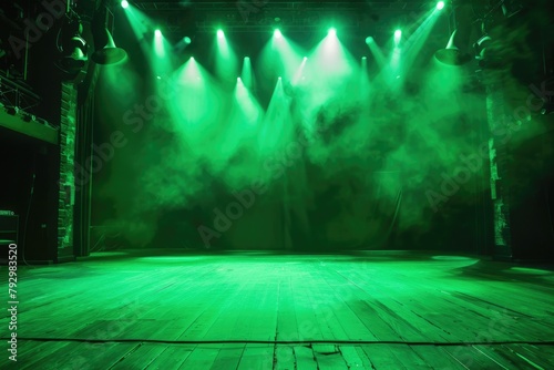 empty stage, bright green spotlights. start of the show. theater, concert hall