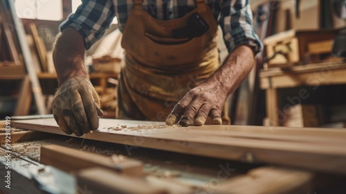 close up man owner a small furniture business is preparing wood for production. carpenter male is adjust wood to the desired size. architect, designer