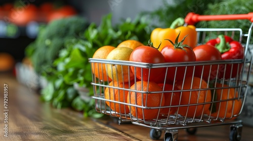 An enticing illustration depicting a lifelike 3D rendering of a supermarket shopping cart brimming with an assortment of fresh fruits
