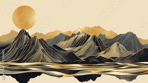 Modern background of gold mountain, moon, sea, and ocean. Mid century modern art design for acrylic canvas, digital prints, wallpaper, poster.