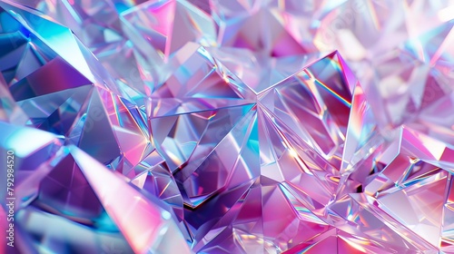 Rendering in 3D of an abstract geometric crystal background with iridescent texture and liquid.
