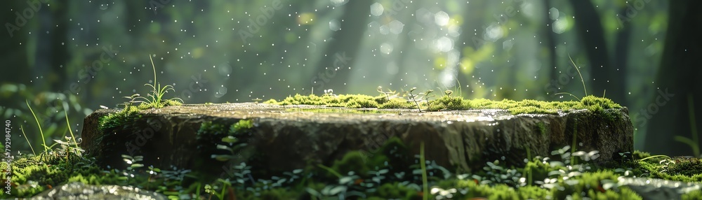 A mosscovered podium with a naturalistic backdrop of dewy moss and tiny water droplets