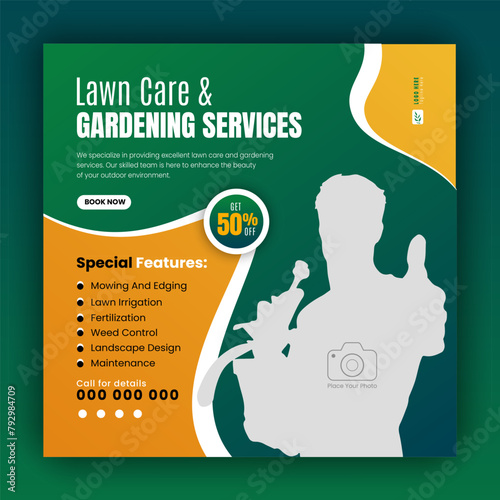 Organic food and agriculture service for social media cover or post design template, modern lawn mower garden, or landscaping service with green gradient background and abstract yellow color shape