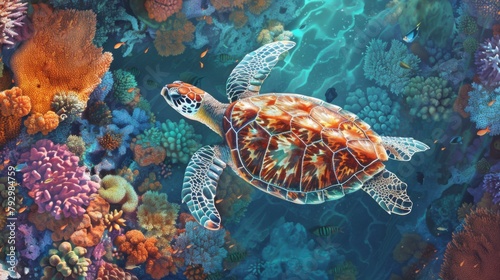 Aerial view of a sea turtle gliding effortlessly through vibrant coral reefs
