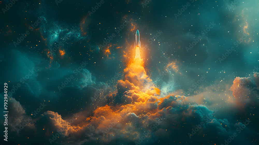Obraz premium A rocket launching into space with a trail of innovative business concepts fueling its ascent, symbolizing the trajectory of ambitious ideas towards success