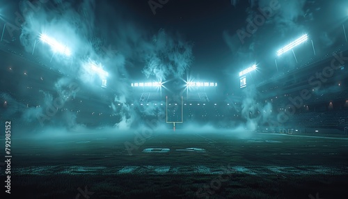 A dramatic American football stadium at night with the lights shining down on an empty field and stands filled with fans cheering for their team to win The sky is dark and moody adding mystery to the photo