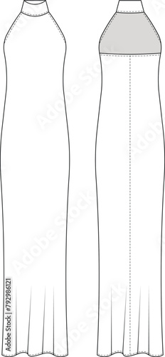 sleeveless high neck turtleneck backless straight sheath long maxi dress template technical drawing flat sketch cad mockup fashion woman design style model
