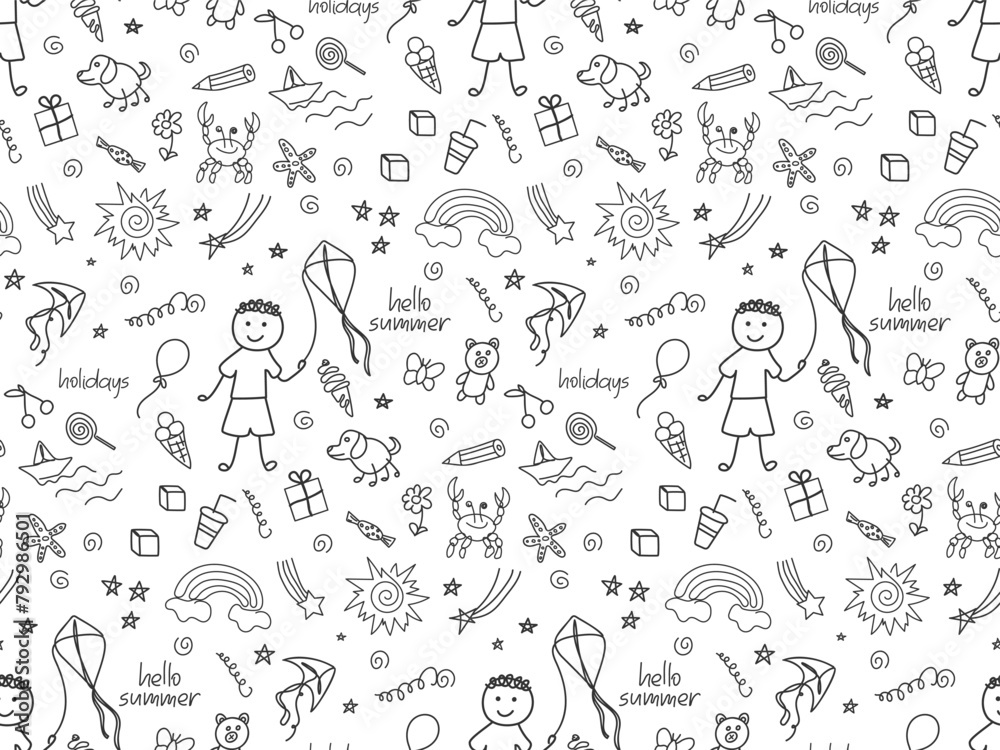 Funny doodle boy seamless pattern. Summer holidays, fun, happy childhood illustration. Hand drawn Black and white background. Kids drawing for design banner, cover, print