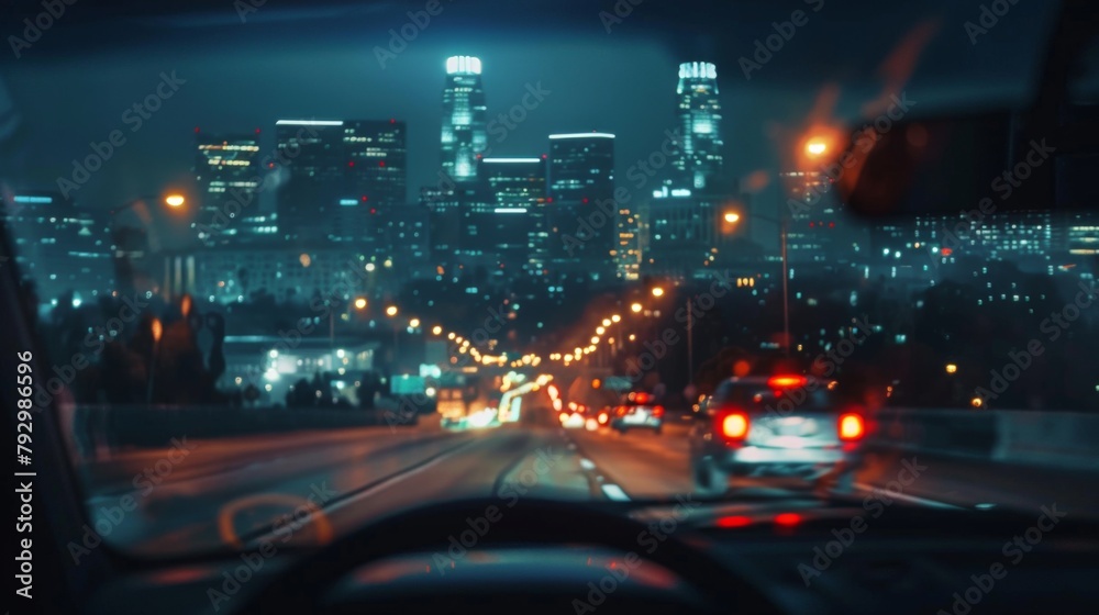 City skyline seen through the windshield of a car driving along a busy nighttime road