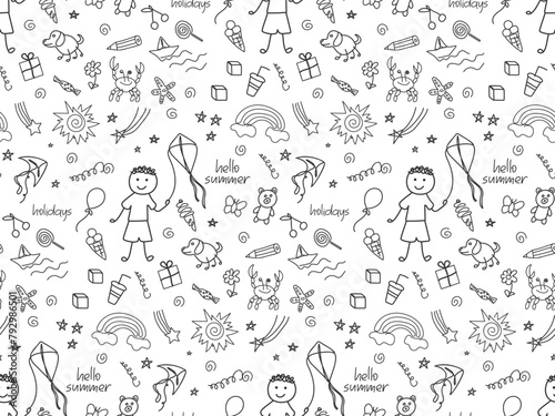 Funny doodle boy seamless pattern. Summer holidays, fun, happy childhood illustration. Hand drawn Black and white background. Kids drawing for design banner, cover, print