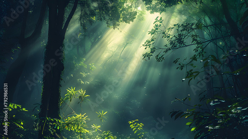 Beautiful rays of sunlight in a green forest © john