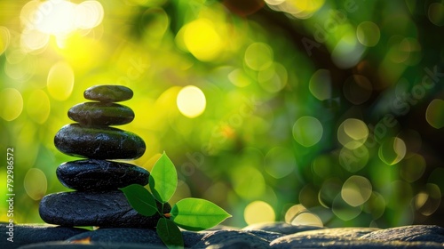 Zen stones with green leaves on bokeh background. Spa concept photo